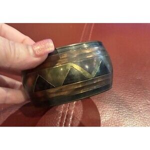 Vtg Mixed Metal Bangle Bracelet Brass Copper Geometric Chevron India MCM Heavy